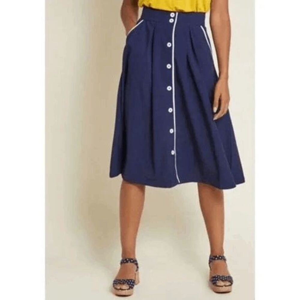 ModCloth Navy Blue White Intelligent Involvement Button Down Midi Skirt Women's